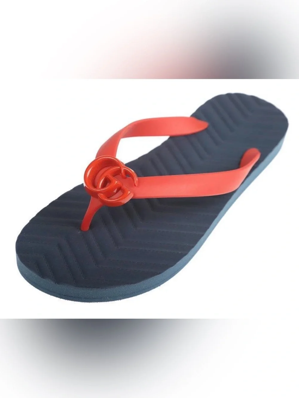 Gucci Men's Navy Footbed with Red double G Strap Logo Flip Flops